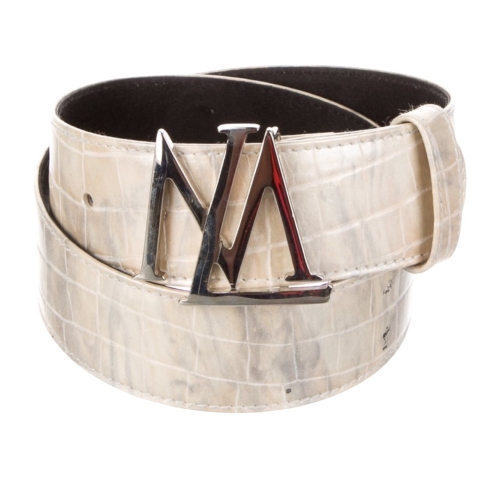 Escada Cream Embossed Belt with Silver Logo Buckle